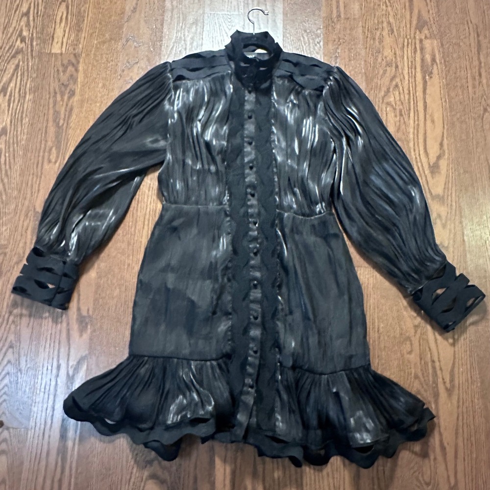 Kham'ryn B Chicago Beulah Style Black Pleated Scalloped Mini Dress L TC3246